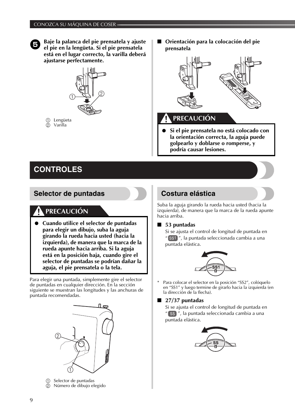 Controles, Selector de puntadas, Costura elástica | Precaución | Brother XL2800 User Manual | Page 62 / 108