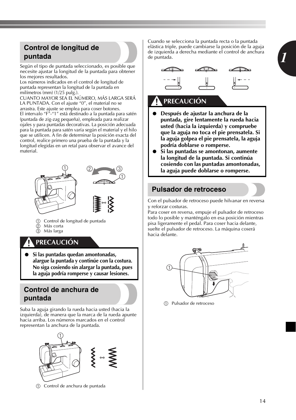 Control de longitud de puntada, Control de anchura de puntada, Pulsador de retroceso | Precaución | Brother XL2800 User Manual | Page 67 / 108