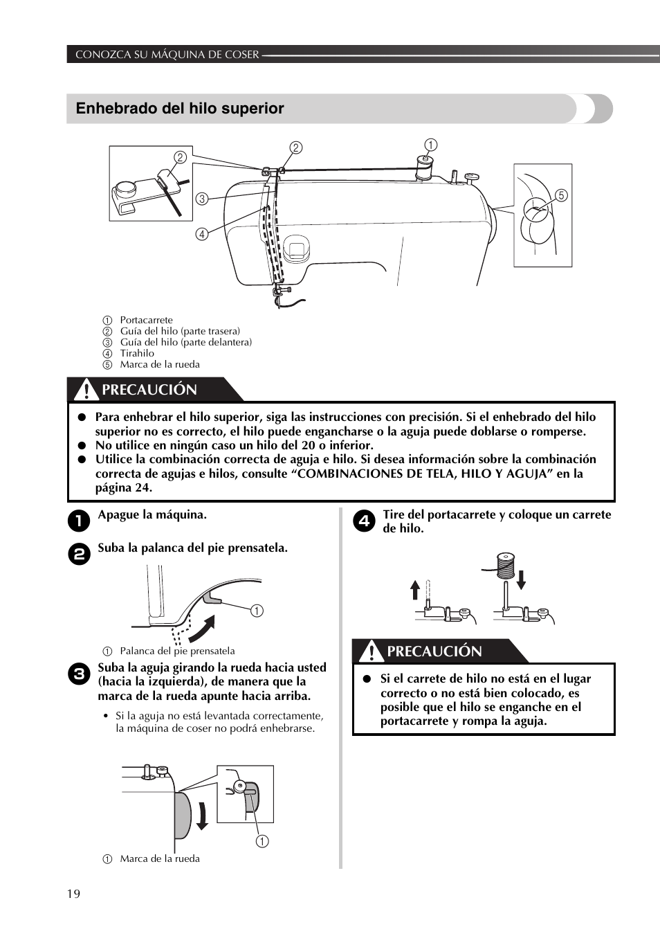 Enhebrado del hilo superior, Precaución | Brother XL2800 User Manual | Page 72 / 108