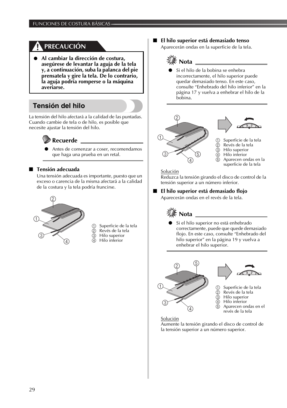 Tensión del hilo, Precaución, Recuerde | Nota | Brother XL2800 User Manual | Page 82 / 108