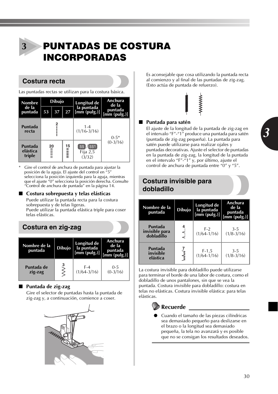 3puntadas de costura incorporadas, Costura recta, Costura en zig-zag | Costura invisible para dobladillo, Recuerde | Brother XL2800 User Manual | Page 83 / 108