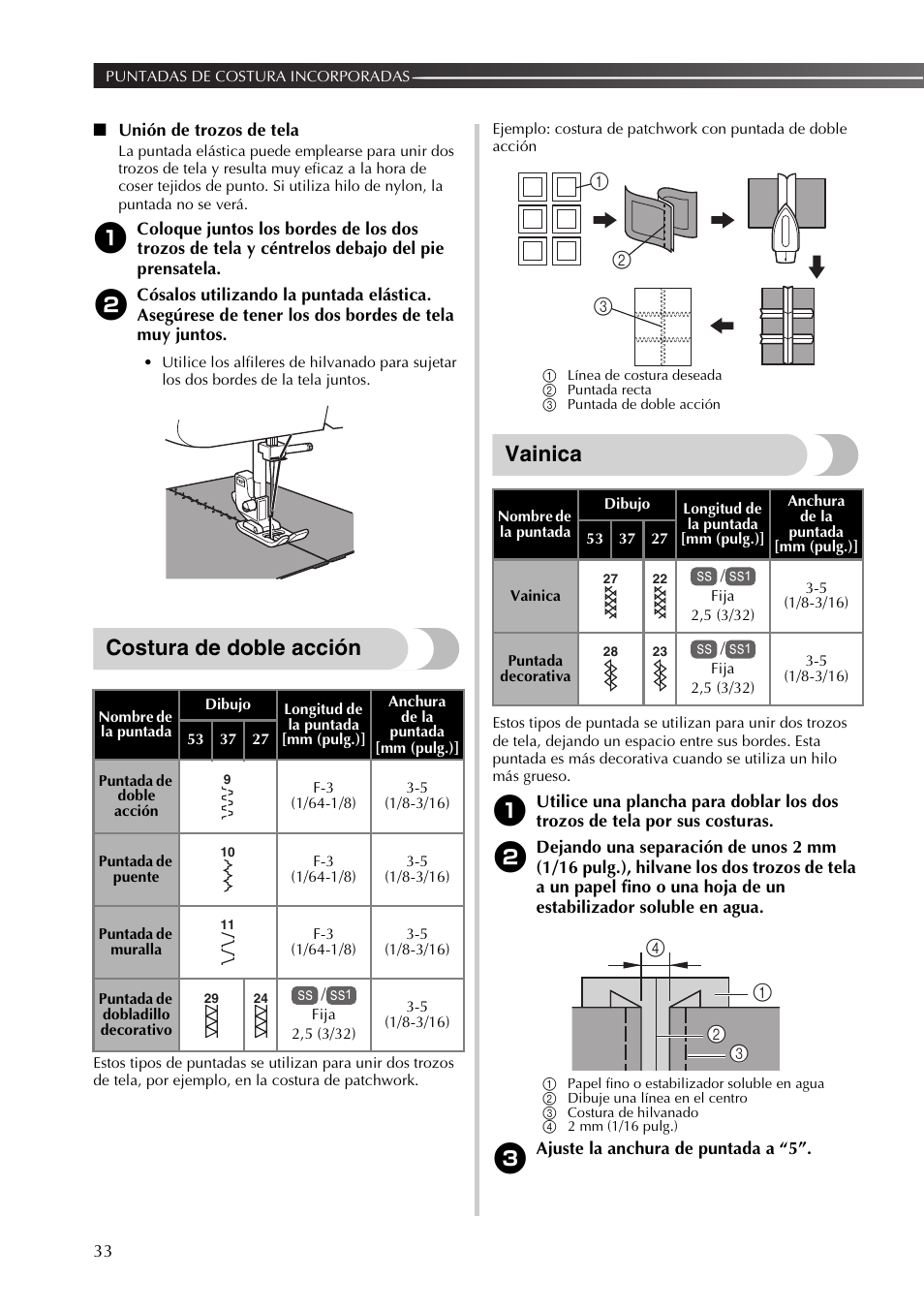 Costura de doble acción, Vainica | Brother XL2800 User Manual | Page 86 / 108