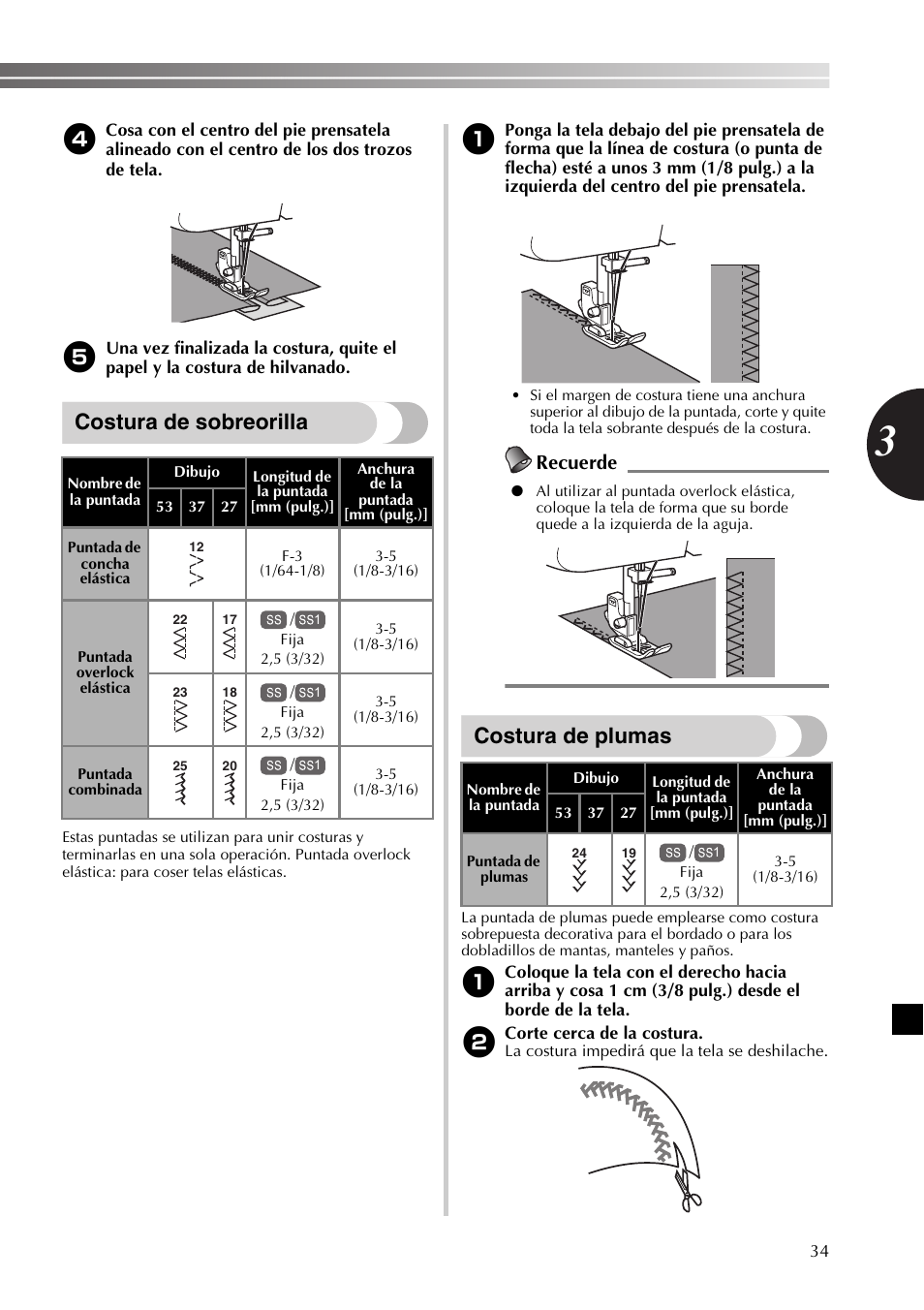 Costura de sobreorilla, Costura de plumas, Recuerde | Brother XL2800 User Manual | Page 87 / 108