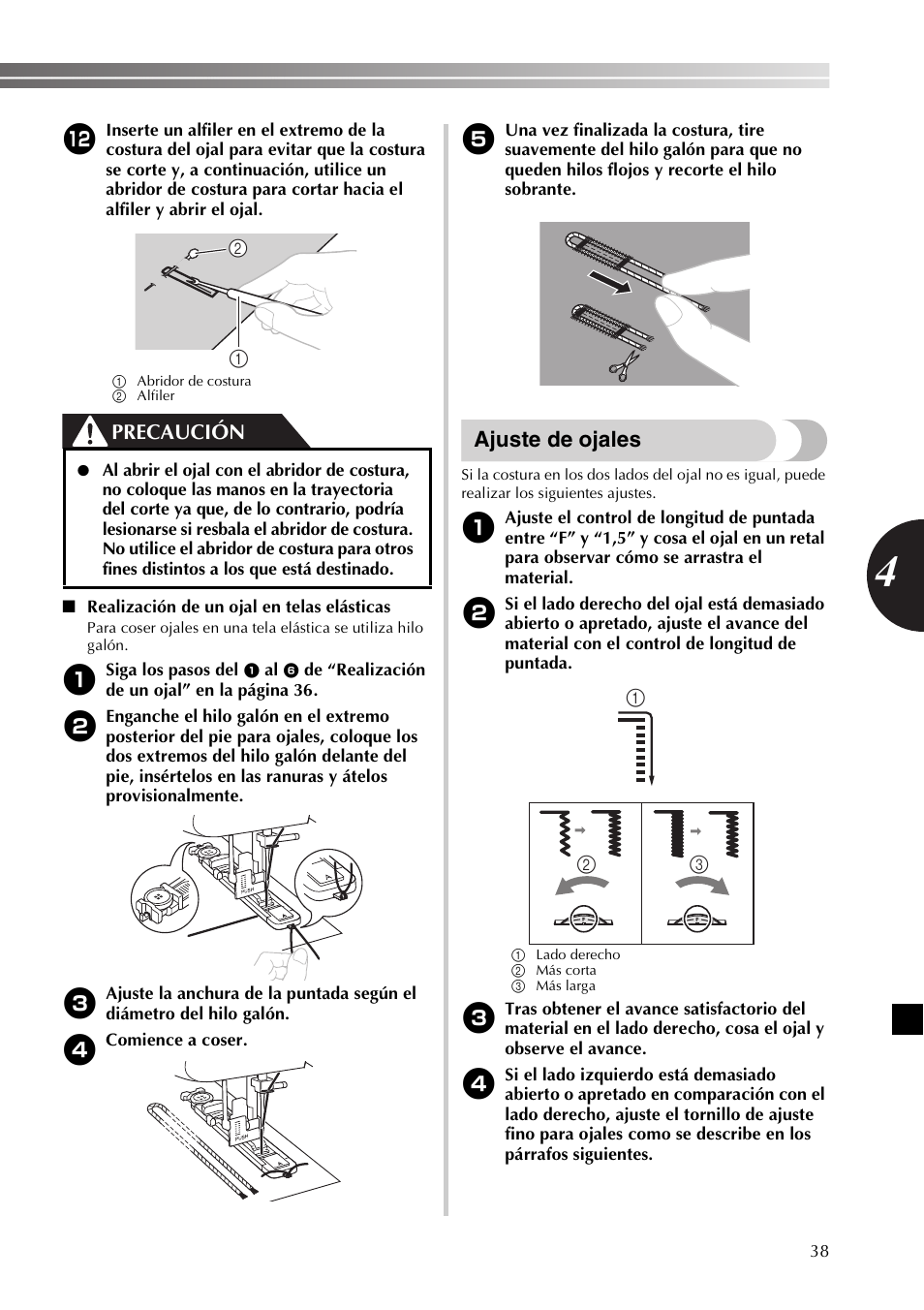 Ajuste de ojales, Precaución | Brother XL2800 User Manual | Page 91 / 108