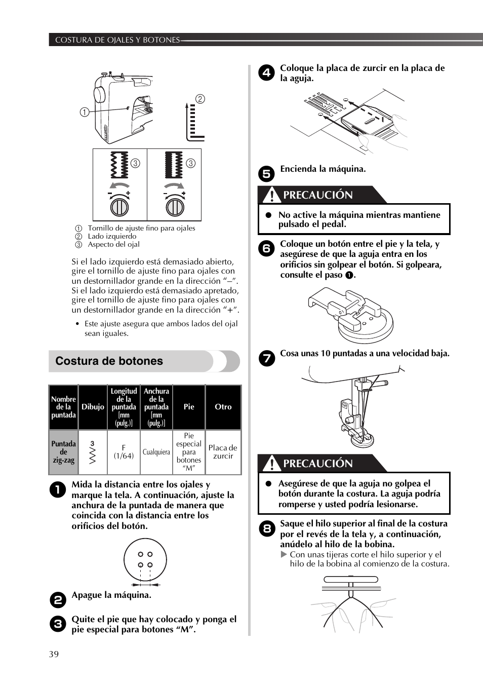 Costura de botones, Precaución | Brother XL2800 User Manual | Page 92 / 108