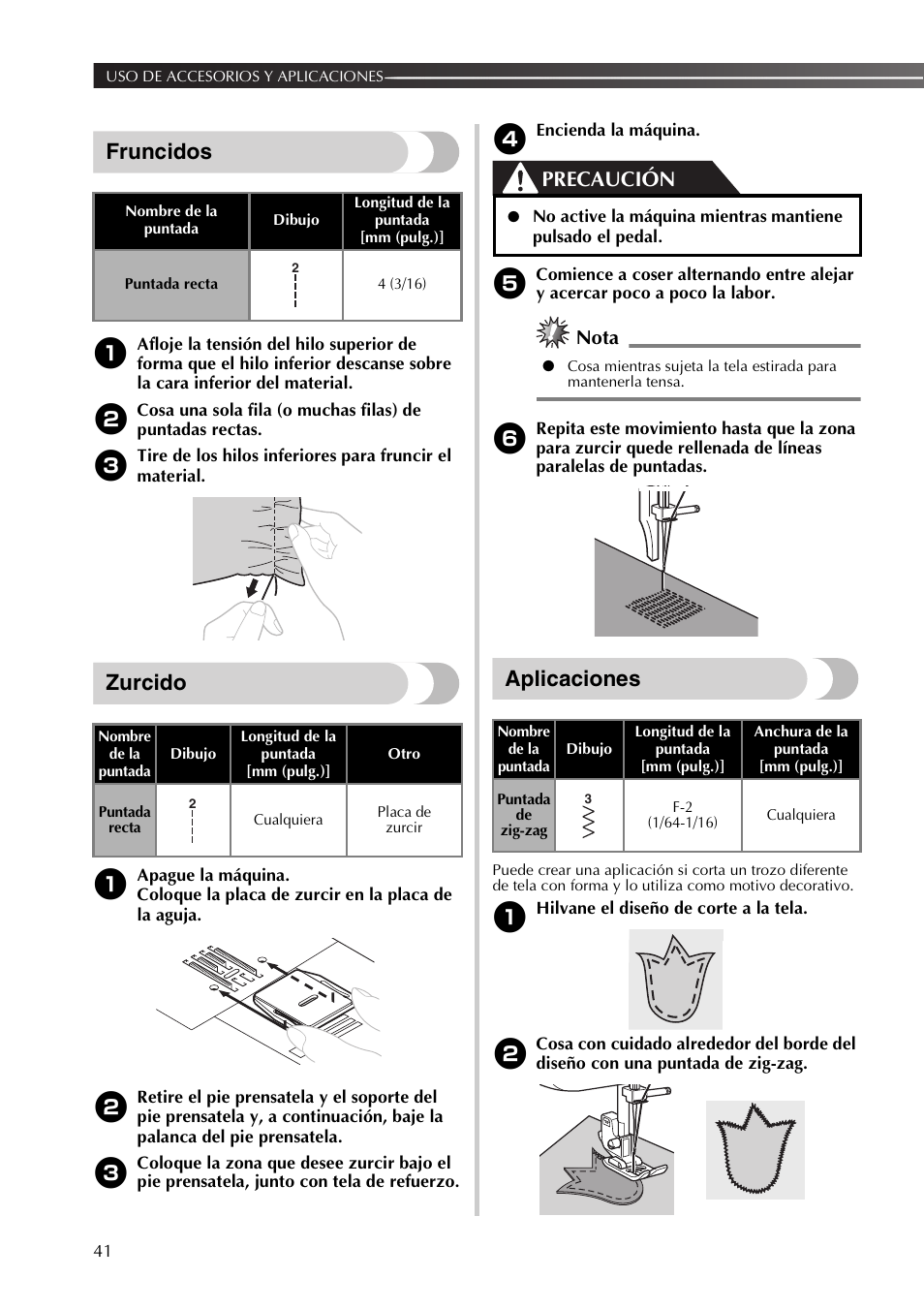 Fruncidos, Zurcido, Aplicaciones | Precaución, Nota | Brother XL2800 User Manual | Page 94 / 108