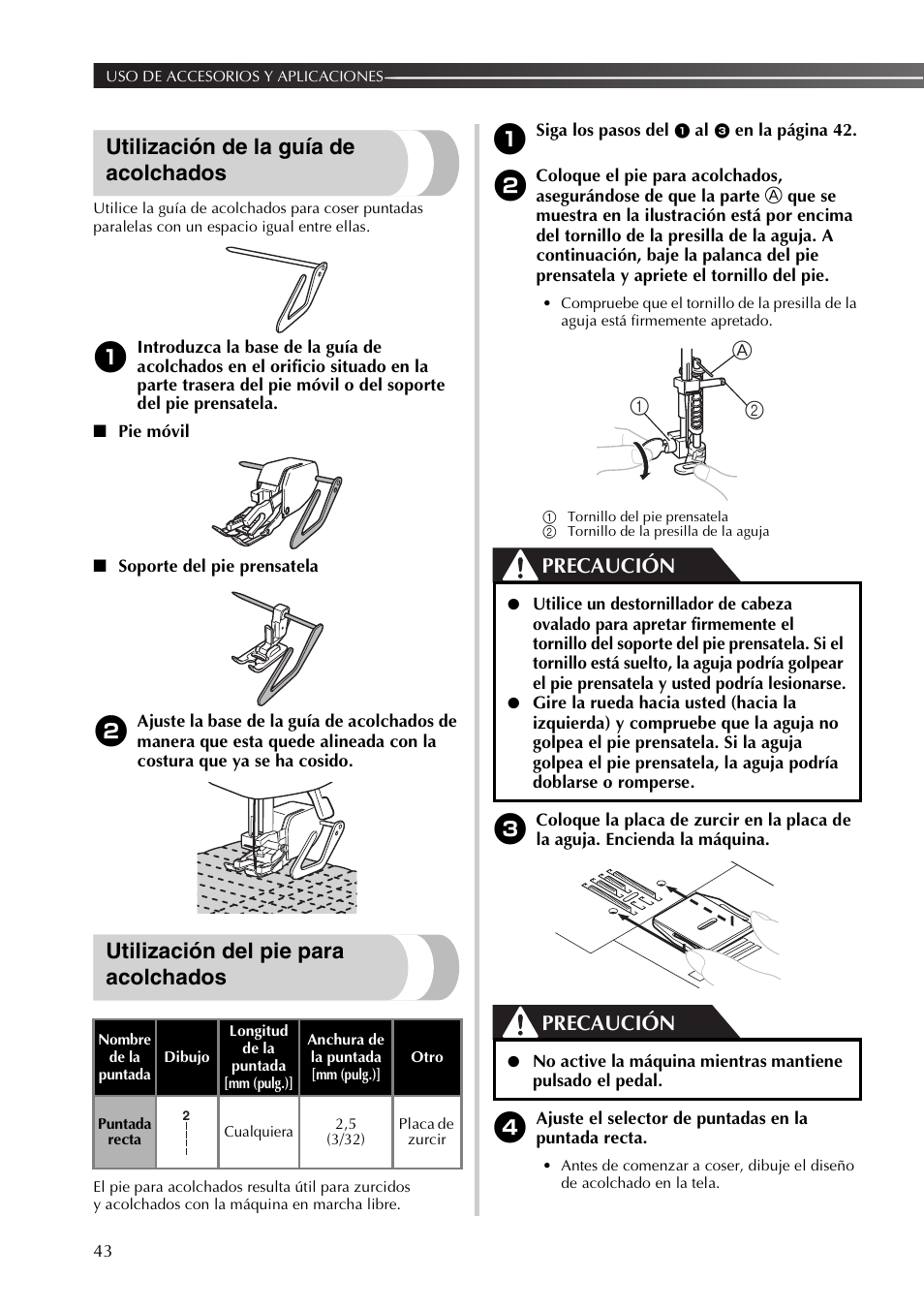 Utilización de la guía de acolchados, Utilización del pie para acolchados, Precaución | A1 2 | Brother XL2800 User Manual | Page 96 / 108