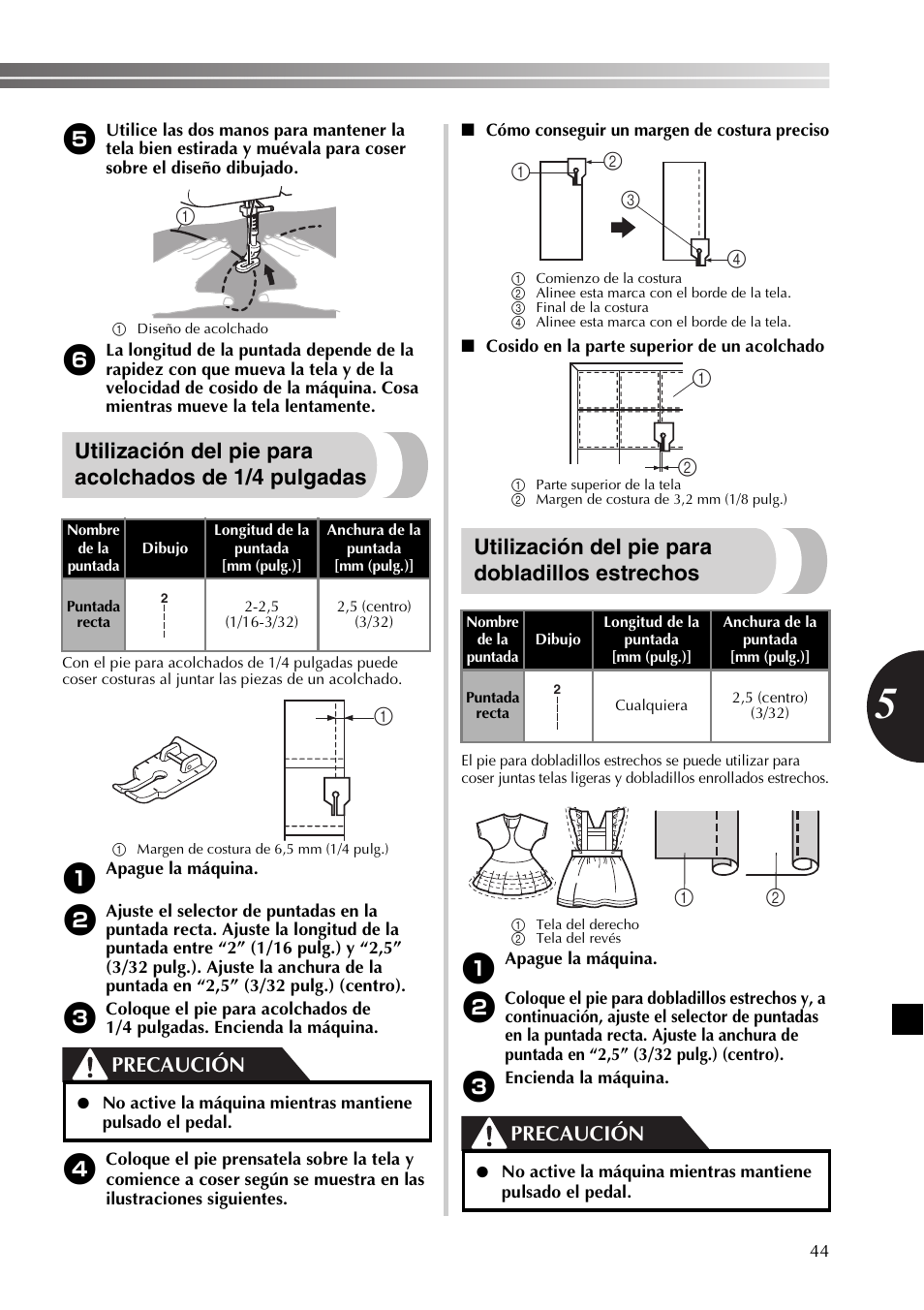 Utilización del pie para dobladillos estrechos, Precaución | Brother XL2800 User Manual | Page 97 / 108