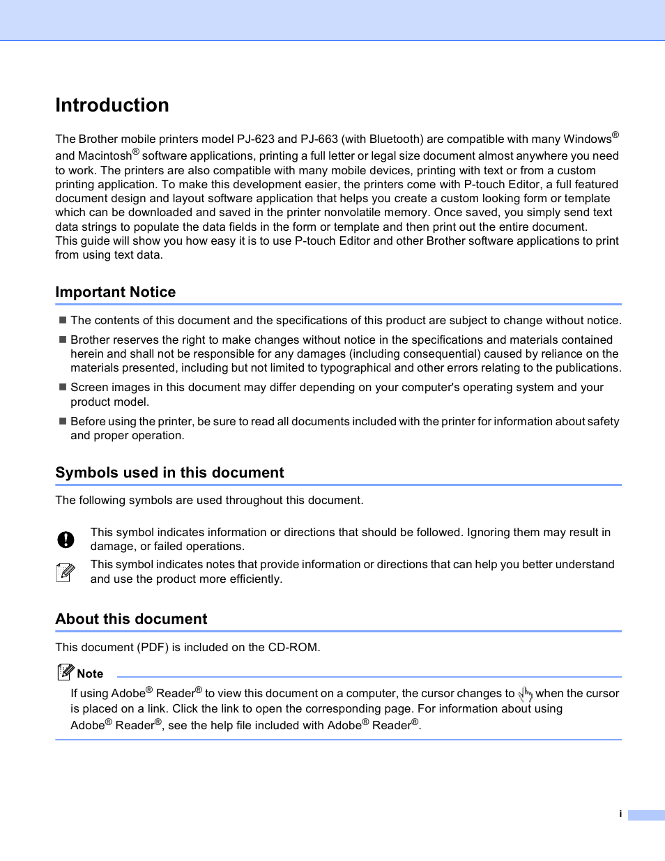 Introduction, Important notice, Symbols used in this document | About this document | Brother Pocket Jet6Plus w BT PJ-663 User Manual | Page 2 / 26