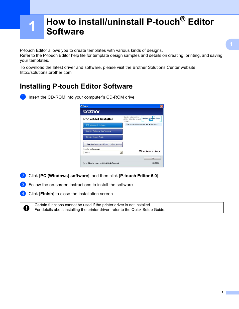 Installing p-touch editor software, How to install/uninstall p-touch, Editor software | Brother Pocket Jet6Plus w BT PJ-663 User Manual | Page 4 / 26