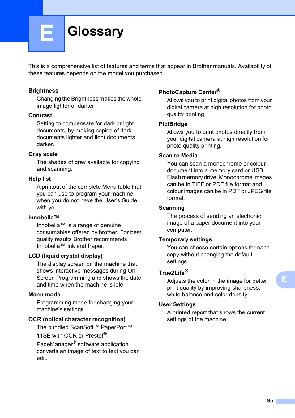 E glossary, Glossary | Brother DCP-165C User Manual | Page 107 / 112
