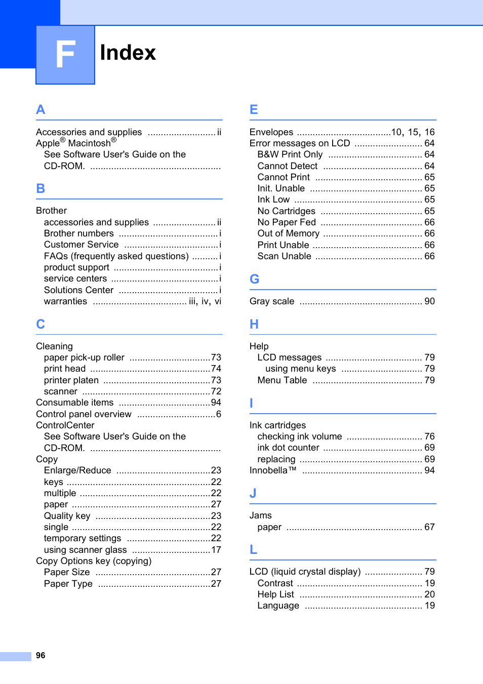 Index | Brother DCP-165C User Manual | Page 108 / 112