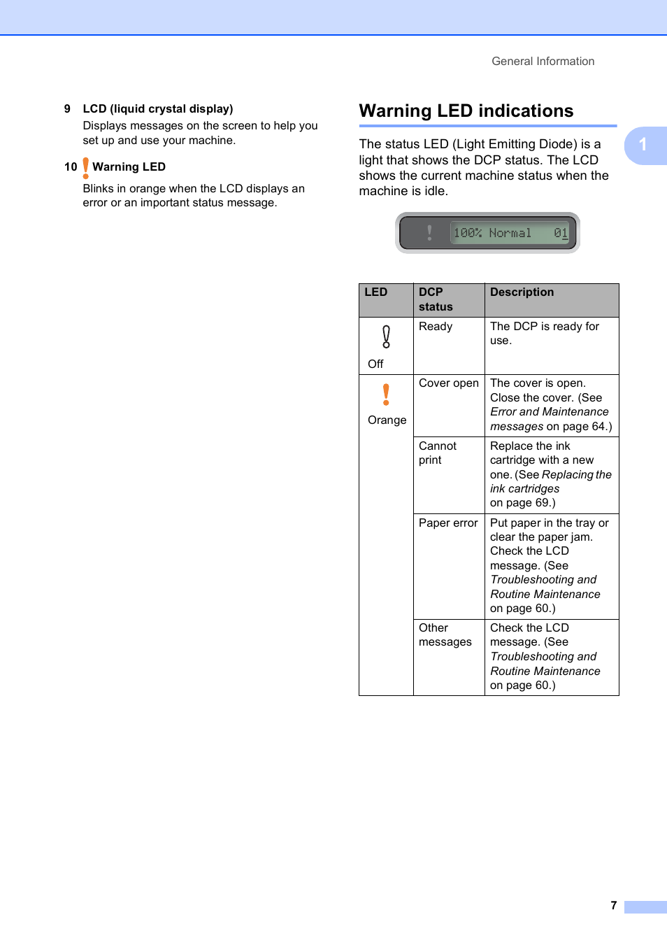 Warning led indications | Brother DCP-165C User Manual | Page 19 / 112