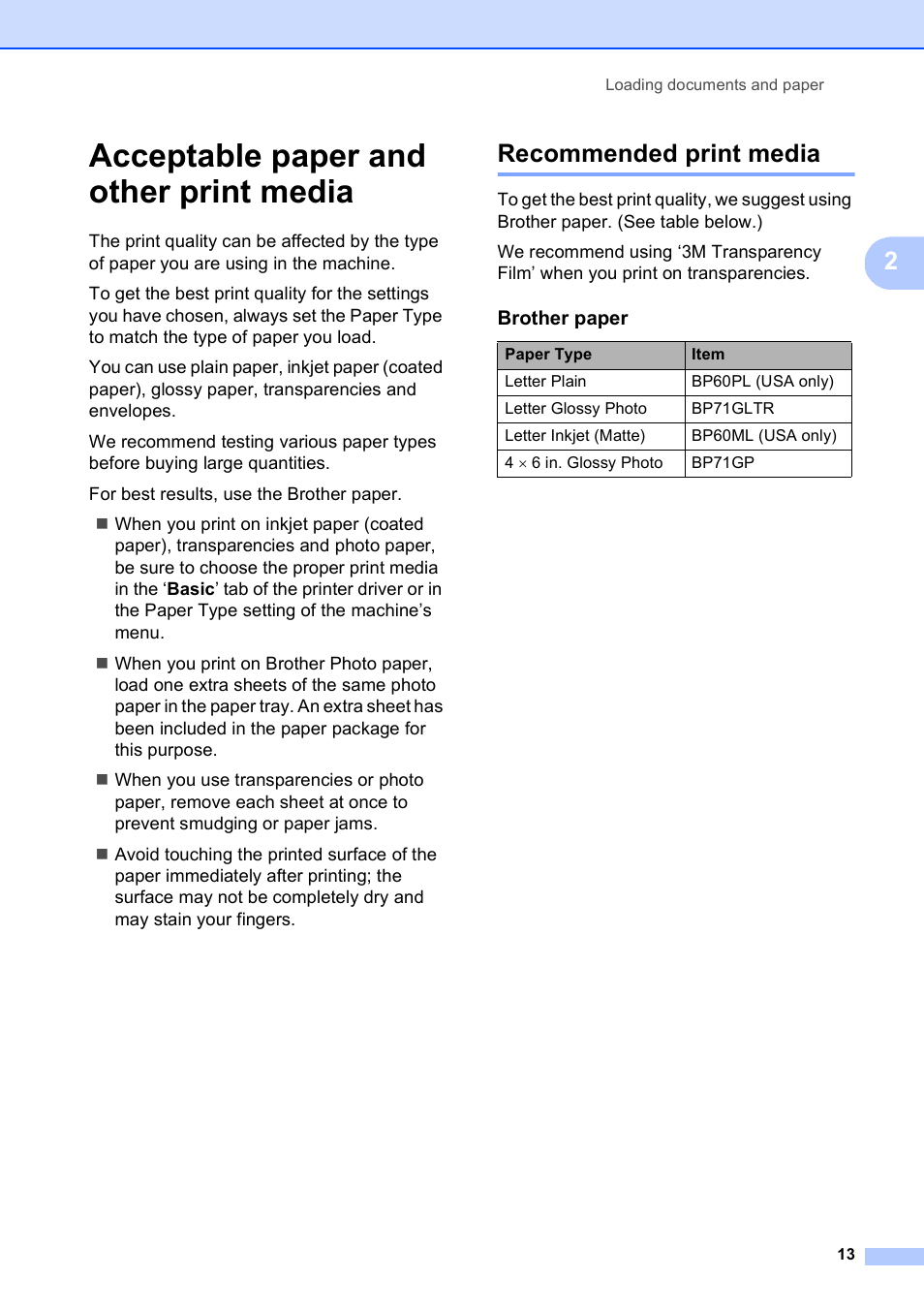 Acceptable paper and other print media, Recommended print media | Brother DCP-165C User Manual | Page 25 / 112