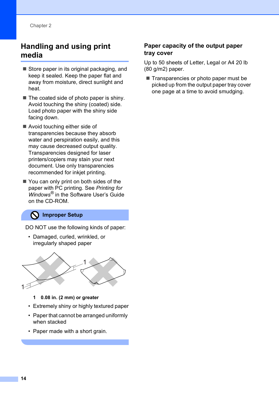 Handling and using print media, Paper capacity of the output paper tray cover | Brother DCP-165C User Manual | Page 26 / 112