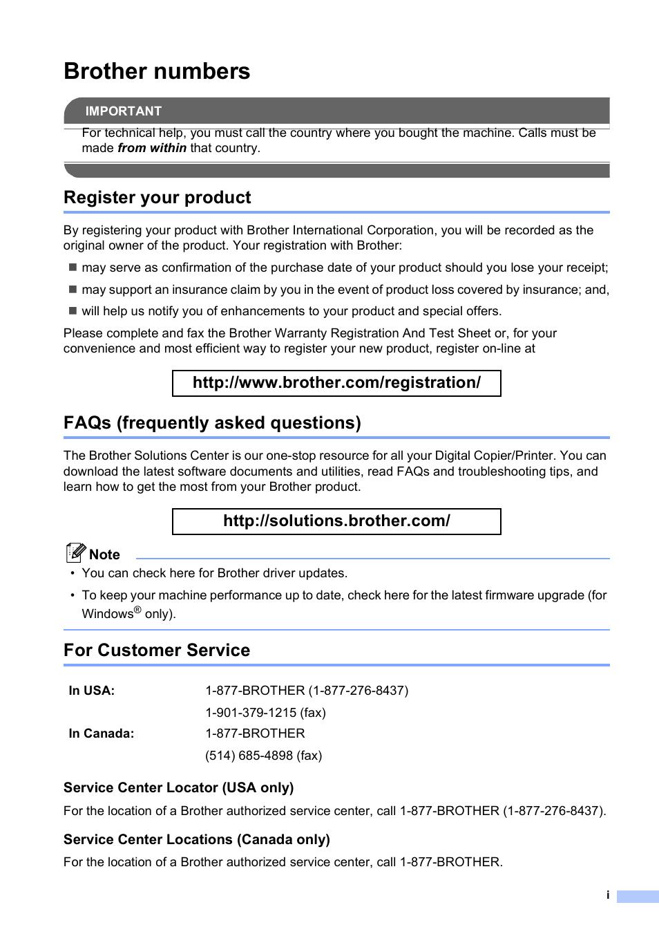 Brother numbers, Register your product, Faqs (frequently asked questions) | For customer service | Brother DCP-165C User Manual | Page 3 / 112