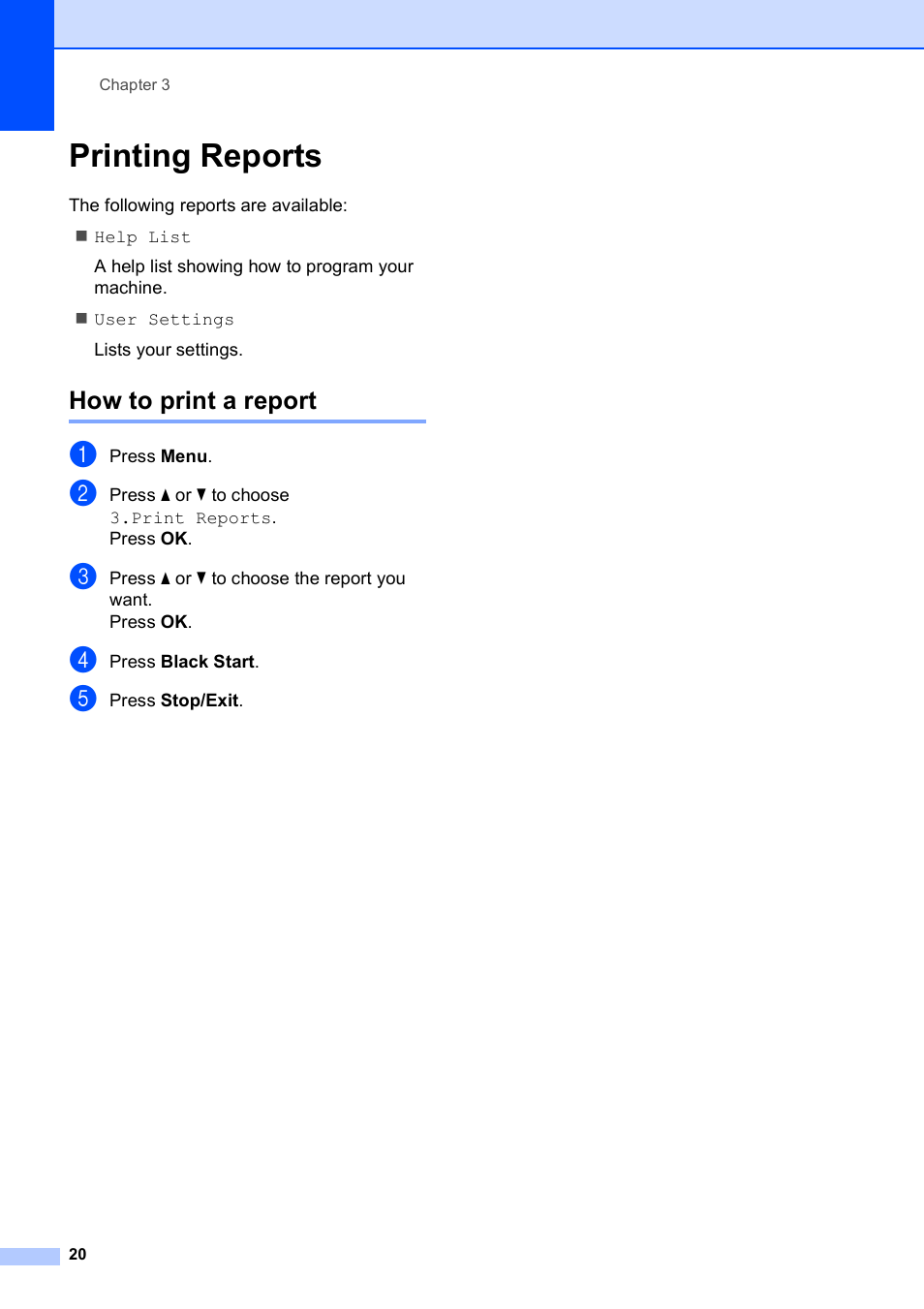 Printing reports, How to print a report | Brother DCP-165C User Manual | Page 32 / 112