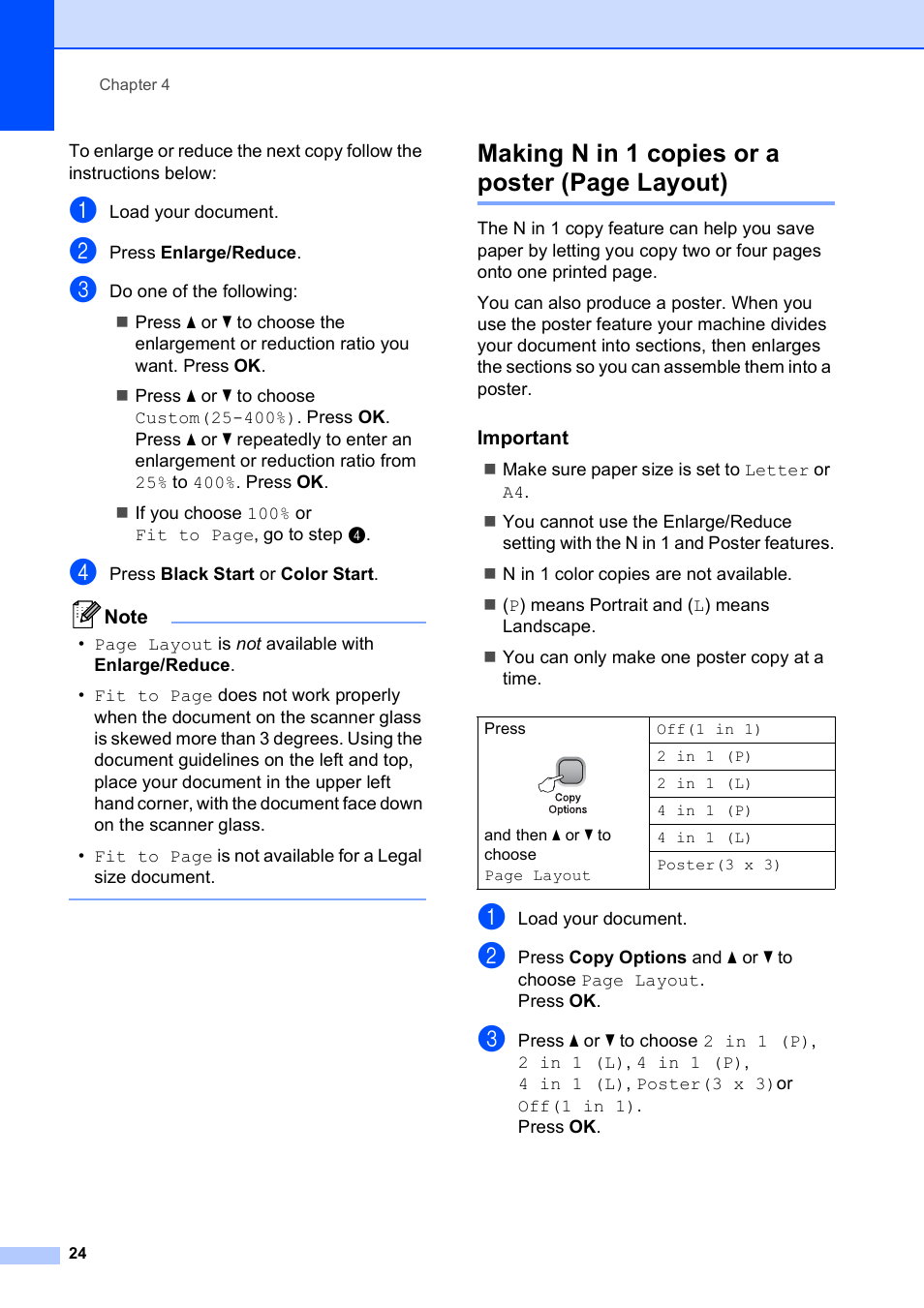 Important, Making n in 1 copies or a poster (page layout) | Brother DCP-165C User Manual | Page 36 / 112