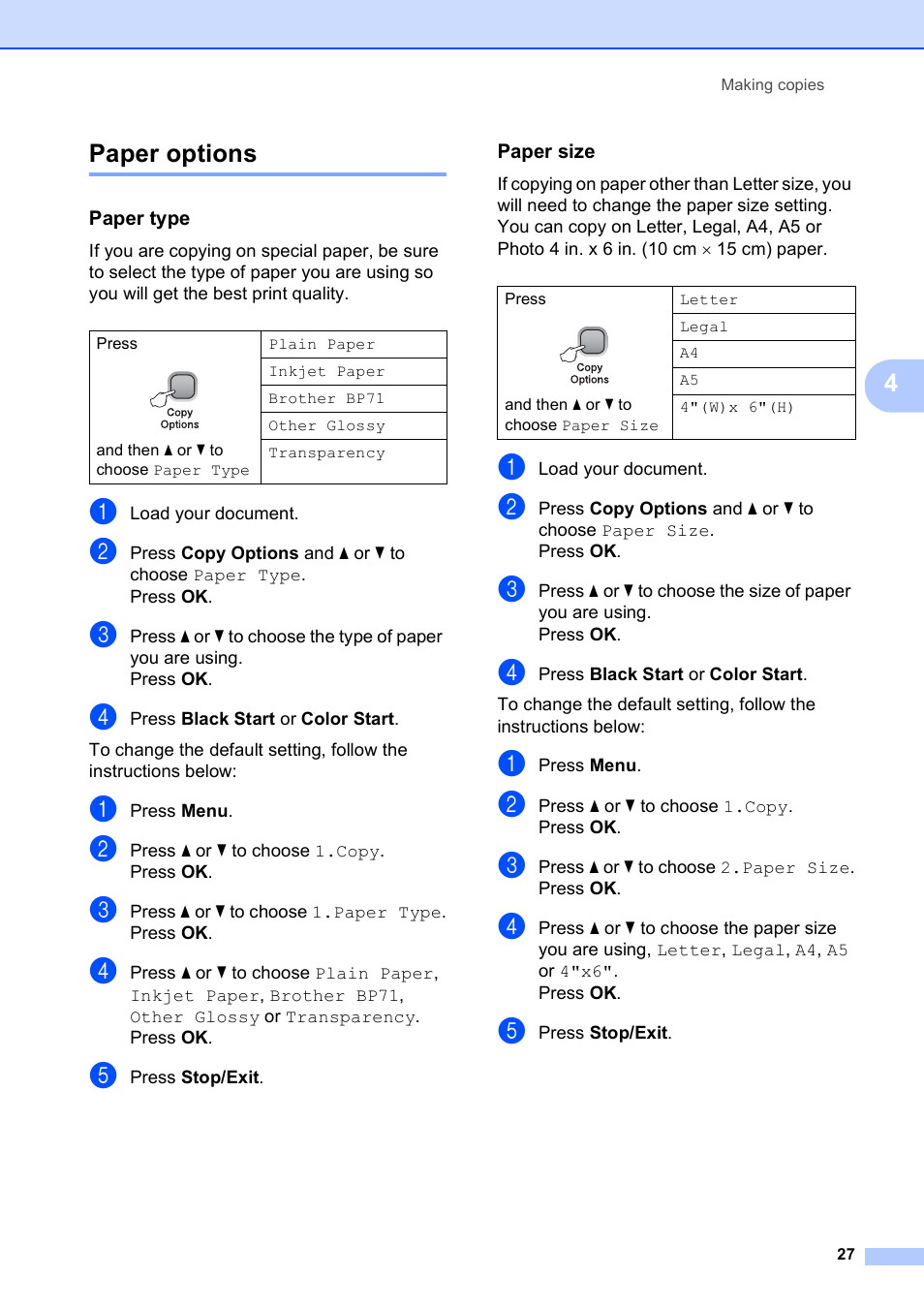 Paper options, Paper type, Paper size | 4paper options | Brother DCP-165C User Manual | Page 39 / 112