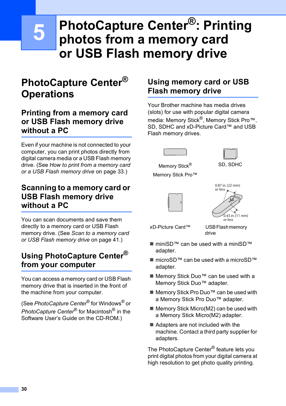 Photocapture center® operations, Using photocapture center® from your computer, Using memory card or usb flash memory drive | Photocapture center, Printing photos from a memory card, Or usb flash memory drive, Operations, From your computer, Printing photos from, A memory card or usb flash memory drive | Brother DCP-165C User Manual | Page 42 / 112