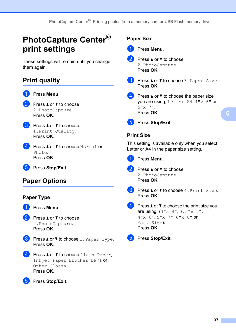 Photocapture center® print settings, Print quality, Paper options | Paper type, Paper size, Print size, Photocapture center, Print settings, Print quality paper options | Brother DCP-165C User Manual | Page 49 / 112