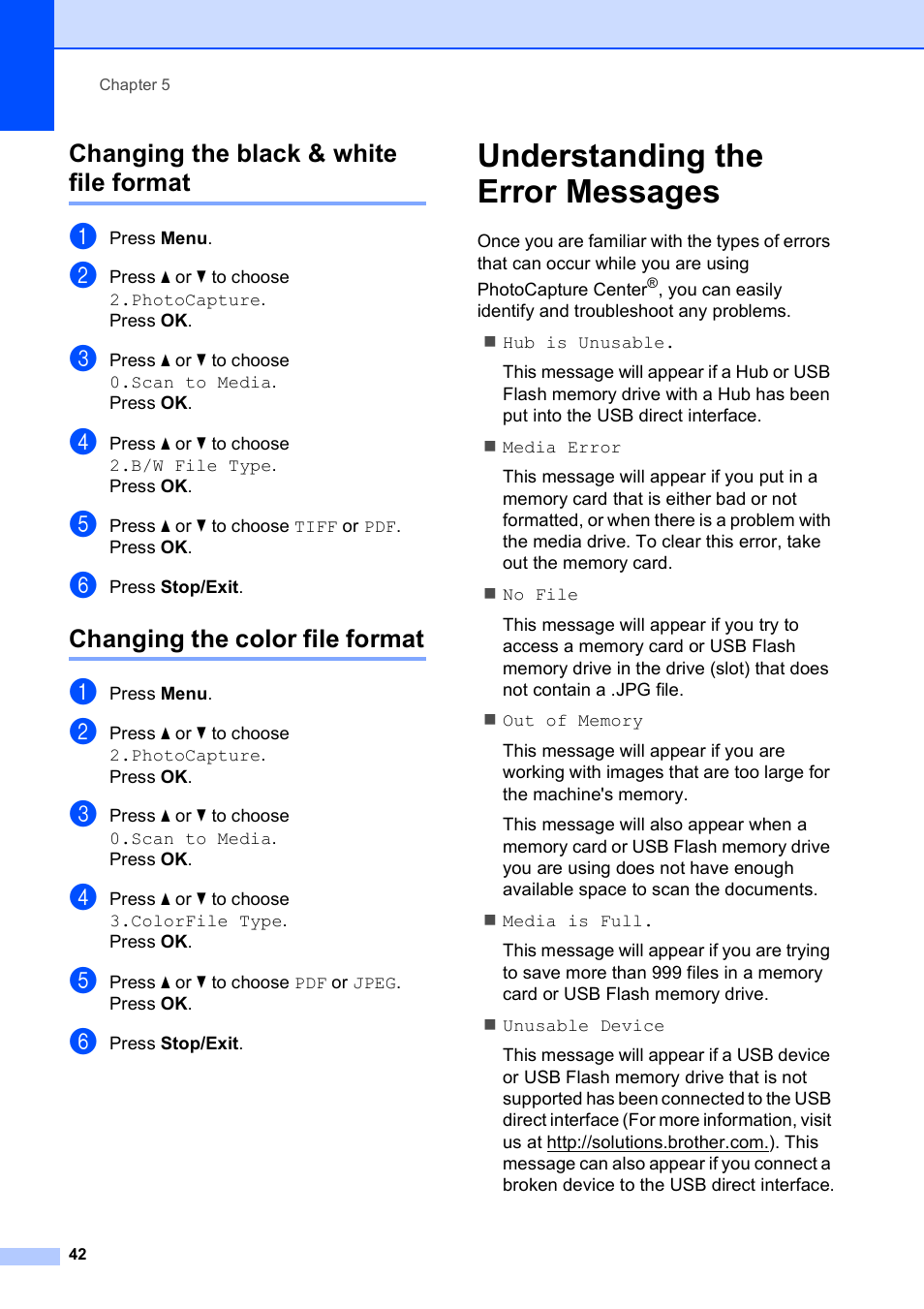Changing the black & white file format, Changing the color file format, Understanding the error messages | Brother DCP-165C User Manual | Page 54 / 112