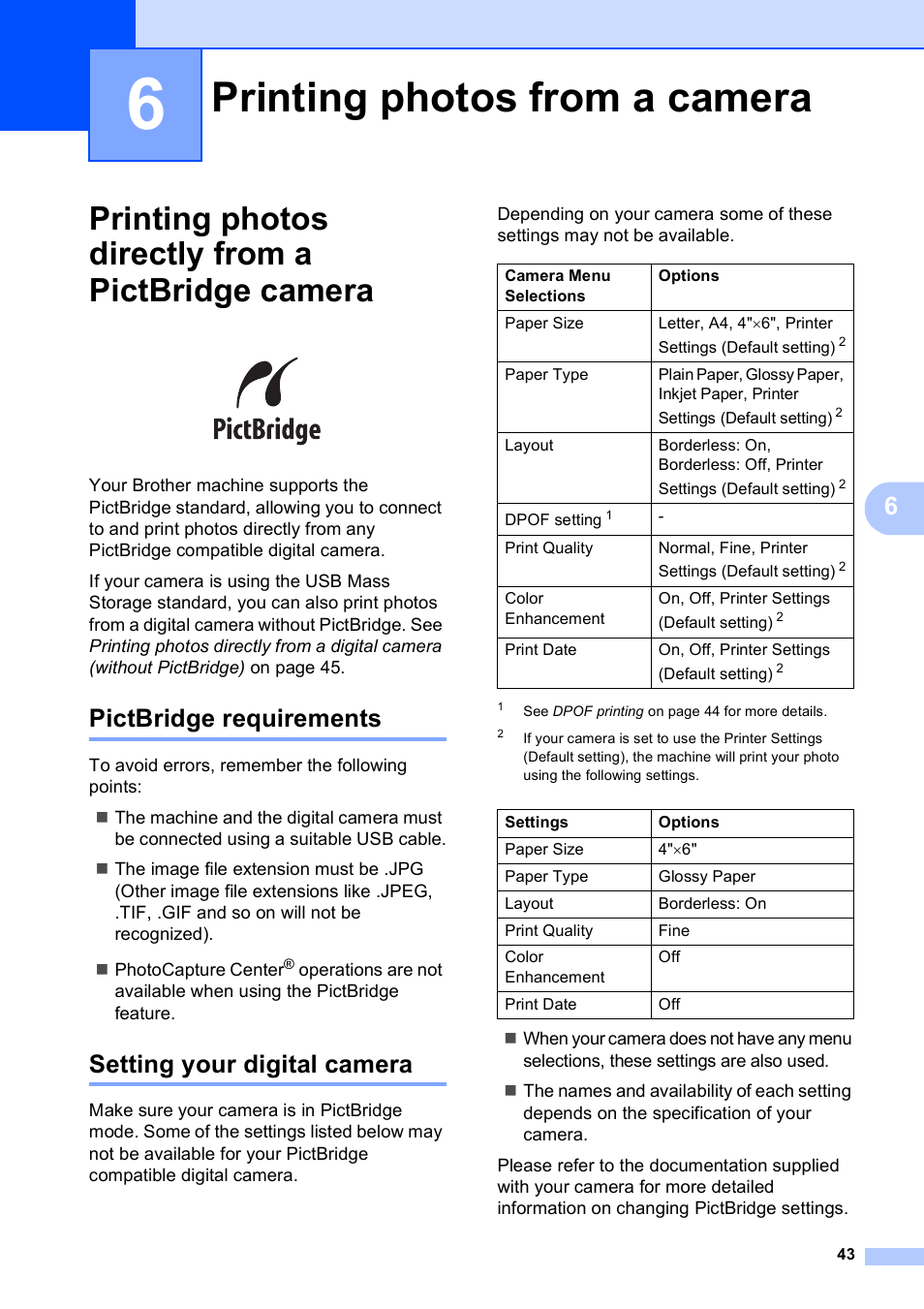 6 printing photos from a camera, Printing photos directly from a pictbridge camera, Pictbridge requirements | Setting your digital camera, Printing photos from a camera | Brother DCP-165C User Manual | Page 55 / 112