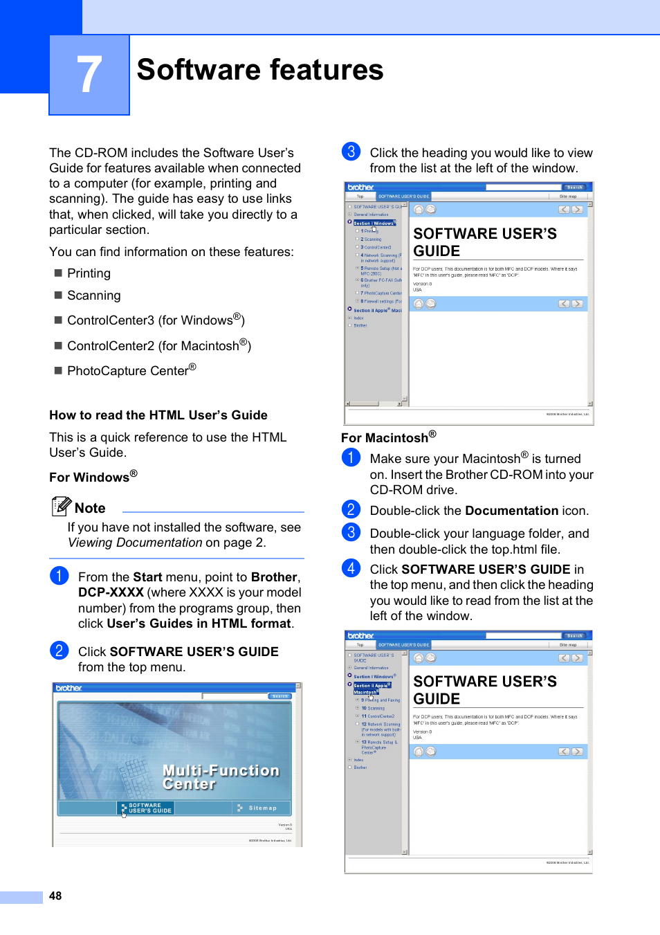 7 software features, Software features | Brother DCP-165C User Manual | Page 60 / 112