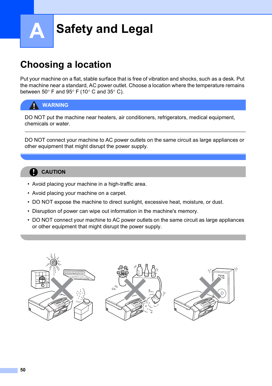 A safety and legal, Choosing a location, Safety and legal | Brother DCP-165C User Manual | Page 62 / 112