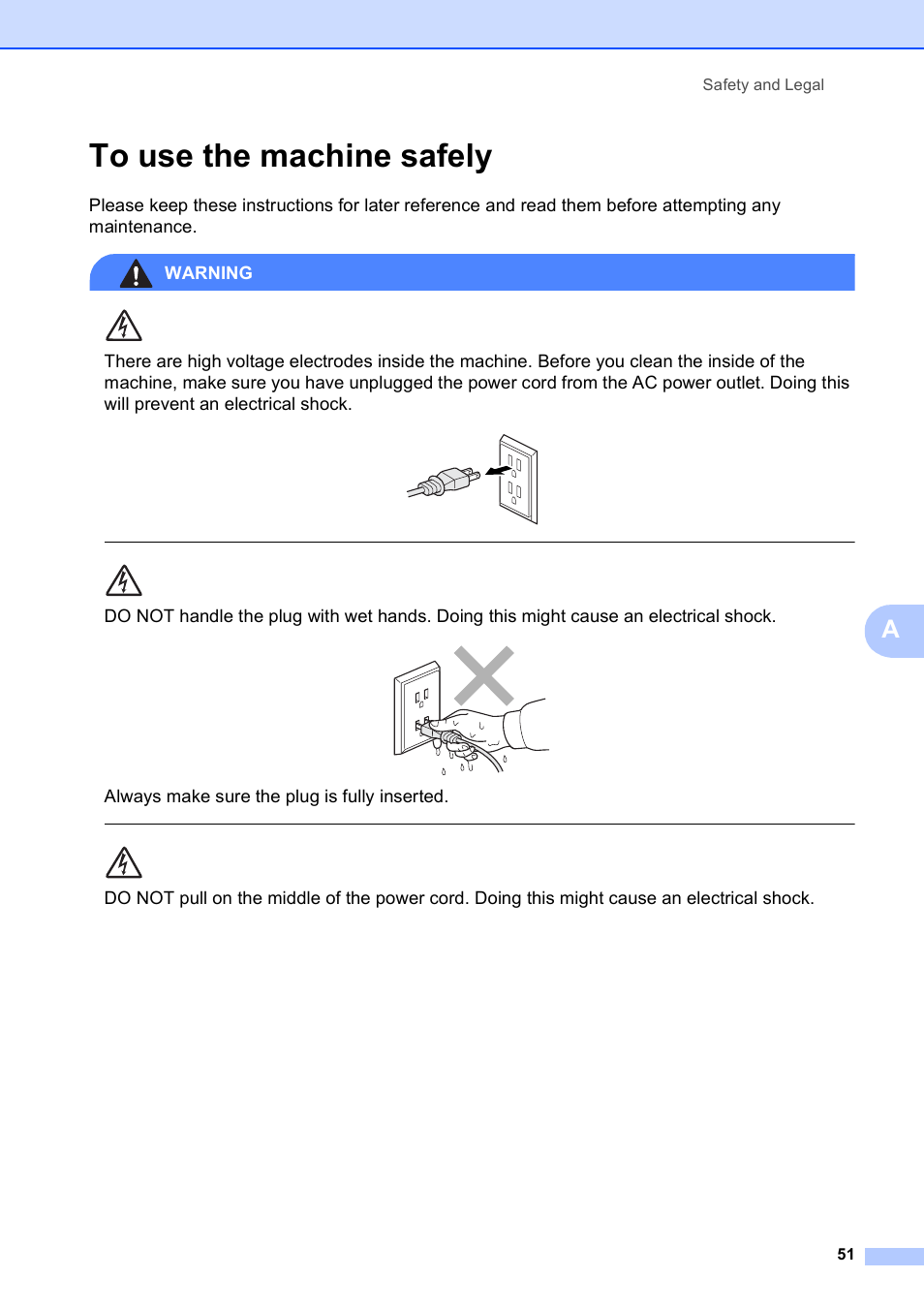 To use the machine safely, Always make sure the plug is fully inserted, Safety and legal 51 | Brother DCP-165C User Manual | Page 63 / 112