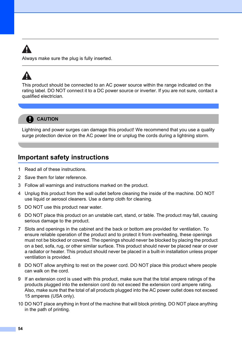 Important safety instructions | Brother DCP-165C User Manual | Page 66 / 112