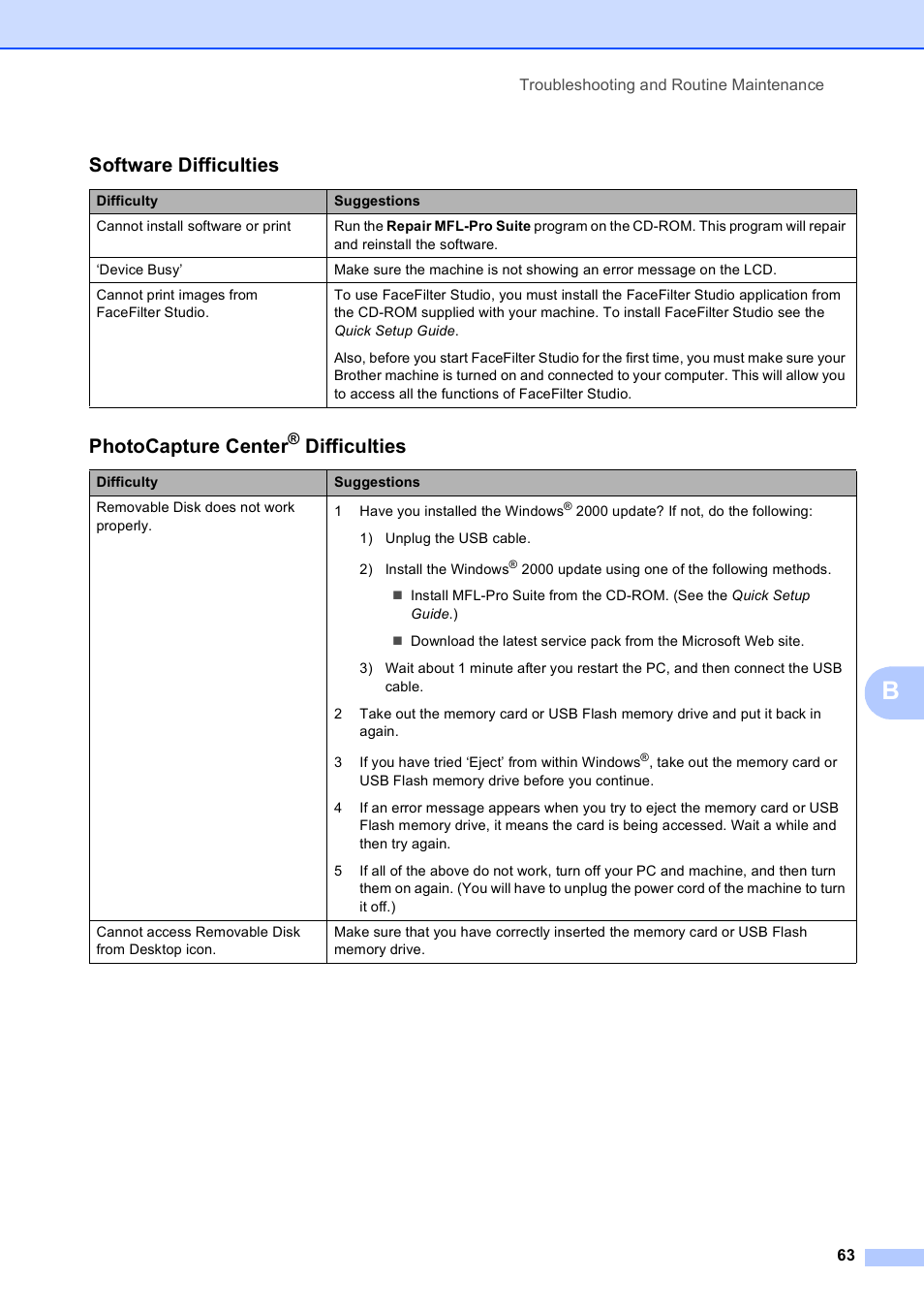 Software difficulties, Photocapture center, Difficulties | Brother DCP-165C User Manual | Page 75 / 112