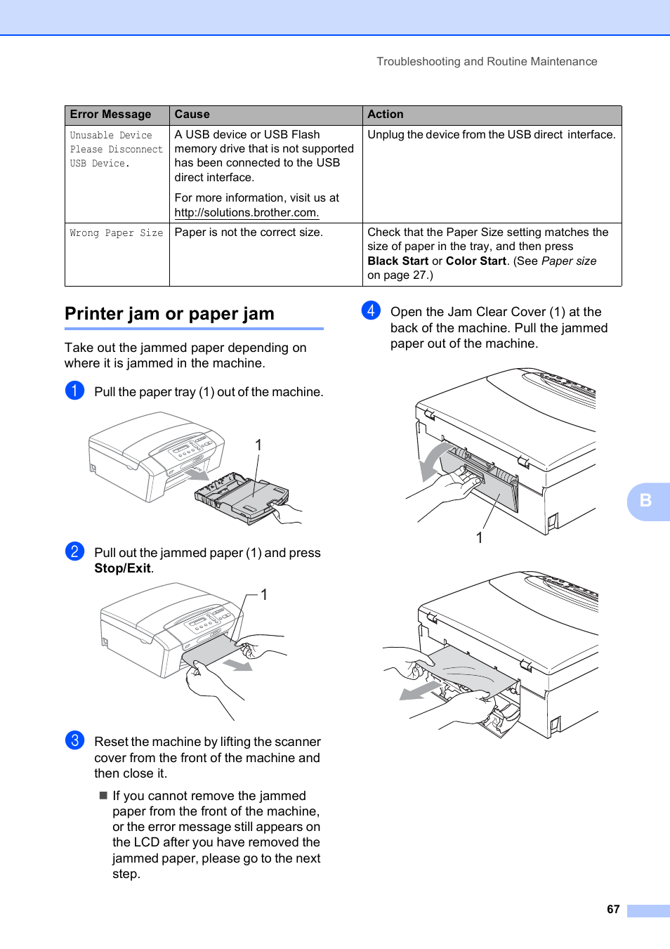 Printer jam or paper jam, Bprinter jam or paper jam | Brother DCP-165C User Manual | Page 79 / 112