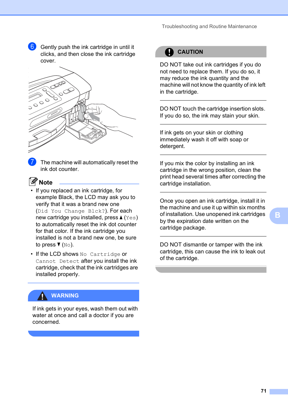 Warning, Caution, Troubleshooting and routine maintenance 71 | Brother DCP-165C User Manual | Page 83 / 112