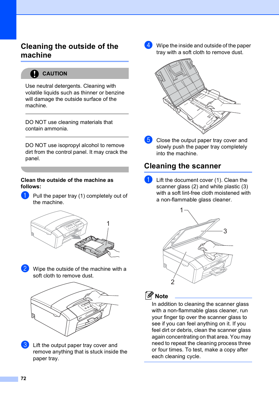 Cleaning the outside of the machine, Cleaning the scanner | Brother DCP-165C User Manual | Page 84 / 112