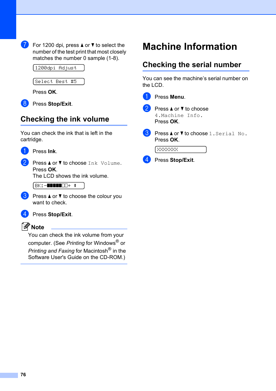 Checking the ink volume, Machine information, Checking the serial number | Brother DCP-165C User Manual | Page 88 / 112