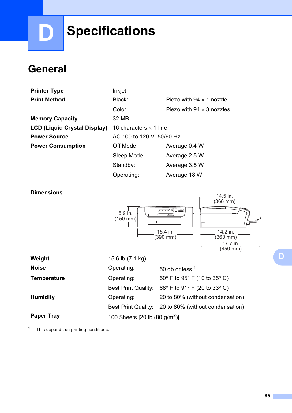 D specifications, General, Specifications | Brother DCP-165C User Manual | Page 97 / 112