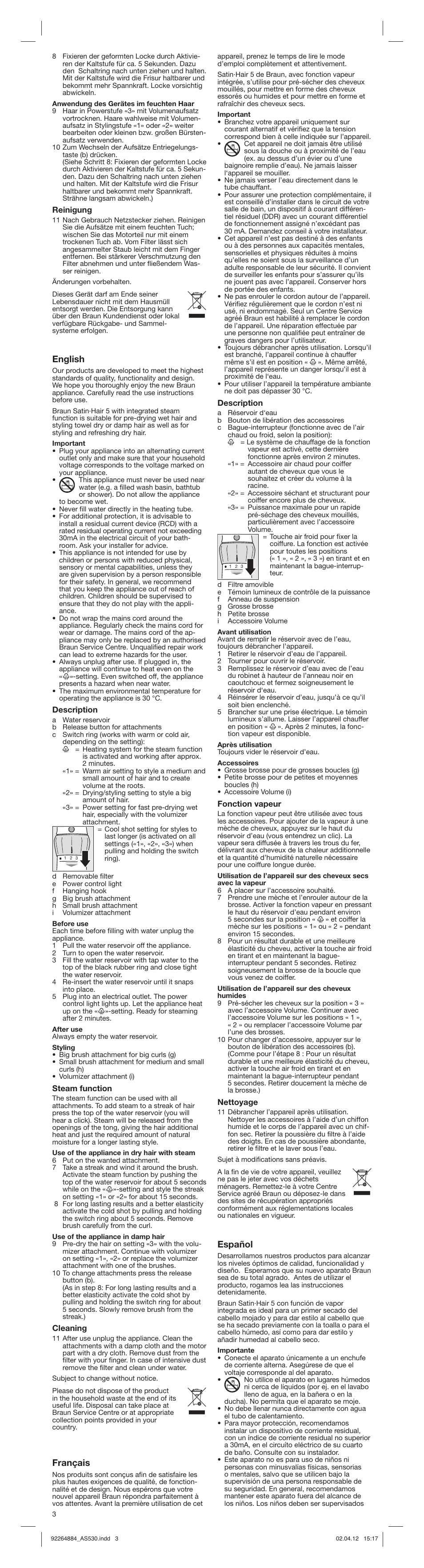 English, Français, Español | Braun AS530 Satin Hair 5 User Manual | Page 3 / 15