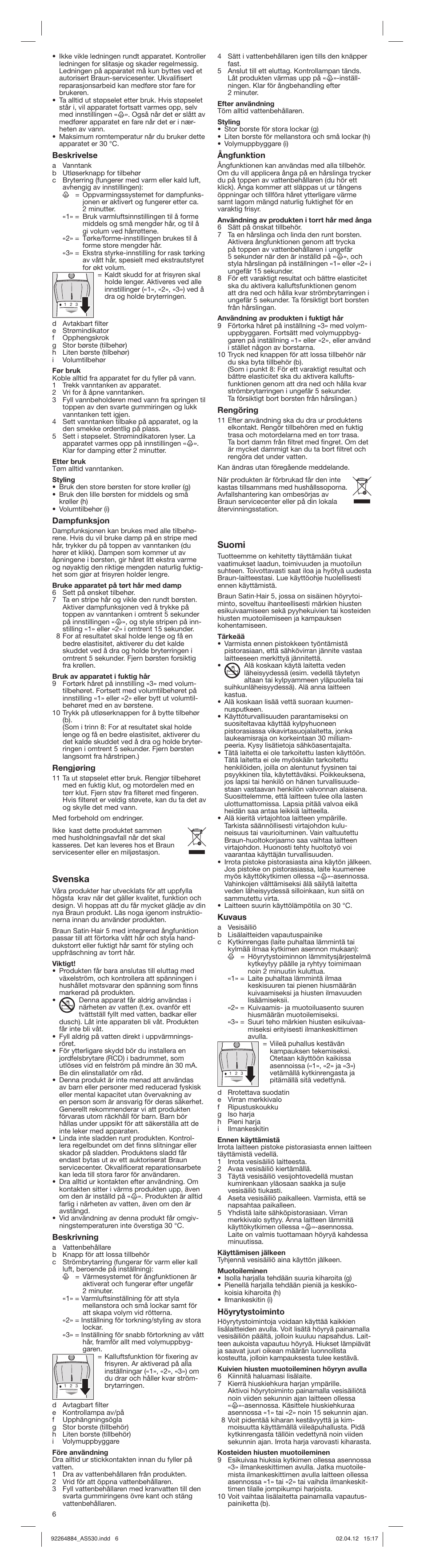 Svenska, Suomi | Braun AS530 Satin Hair 5 User Manual | Page 6 / 15
