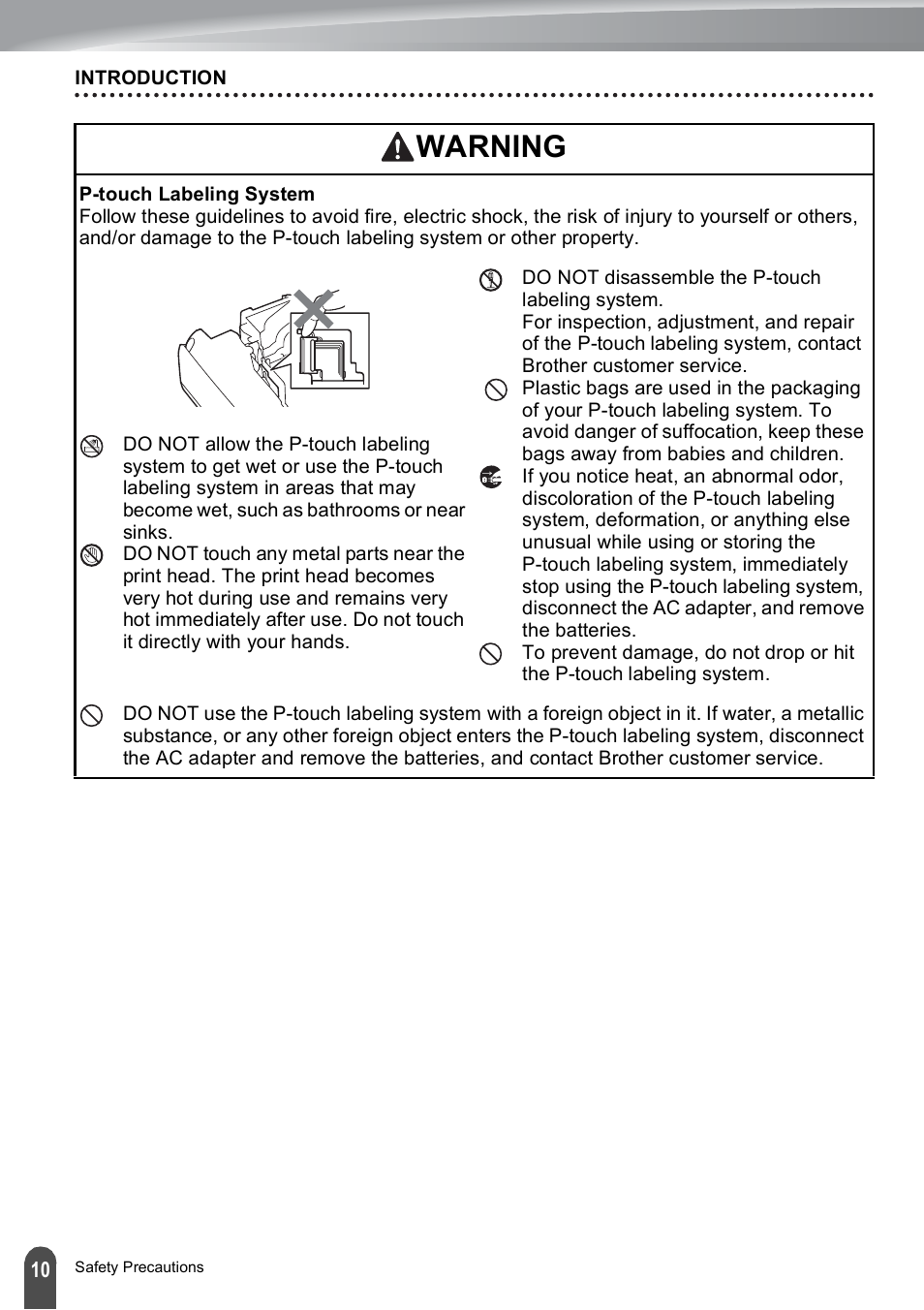 Warning | Brother PT-E500 User Manual | Page 10 / 47