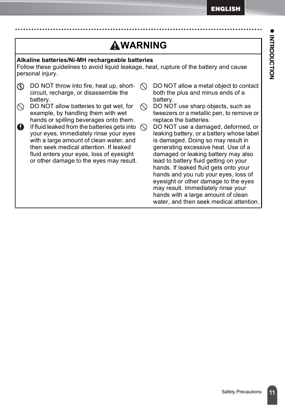 Warning | Brother PT-E500 User Manual | Page 11 / 47