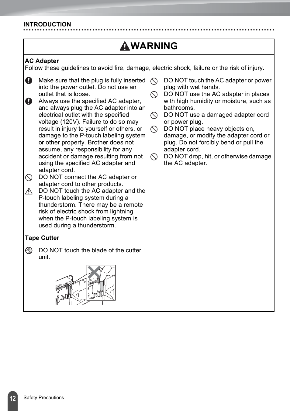 Warning | Brother PT-E500 User Manual | Page 12 / 47