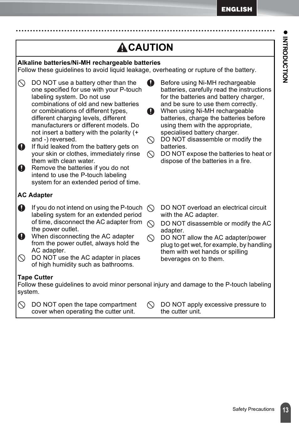 Caution | Brother PT-E500 User Manual | Page 13 / 47