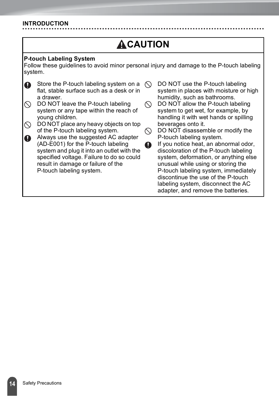 Caution | Brother PT-E500 User Manual | Page 14 / 47