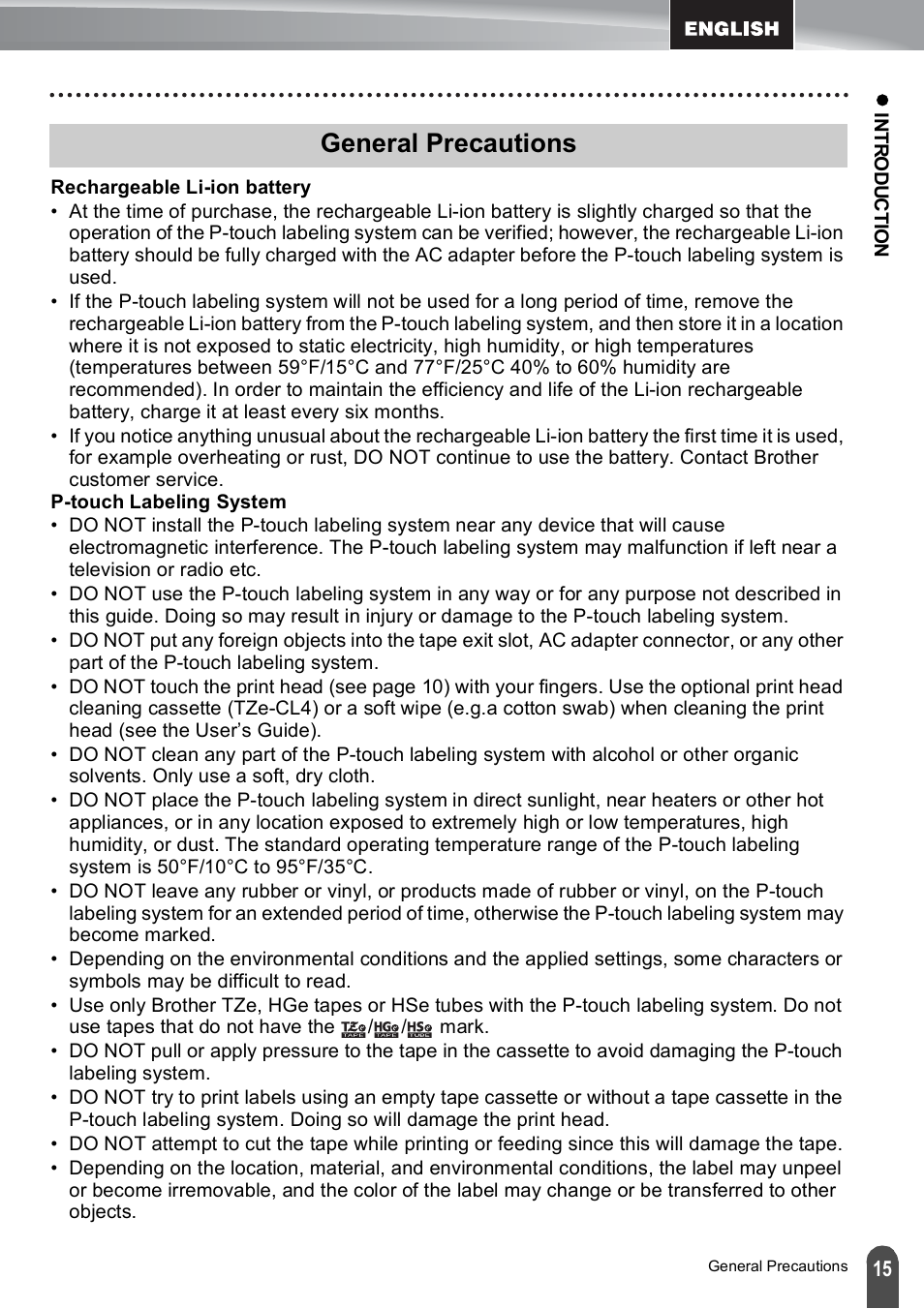 General precautions | Brother PT-E500 User Manual | Page 15 / 47