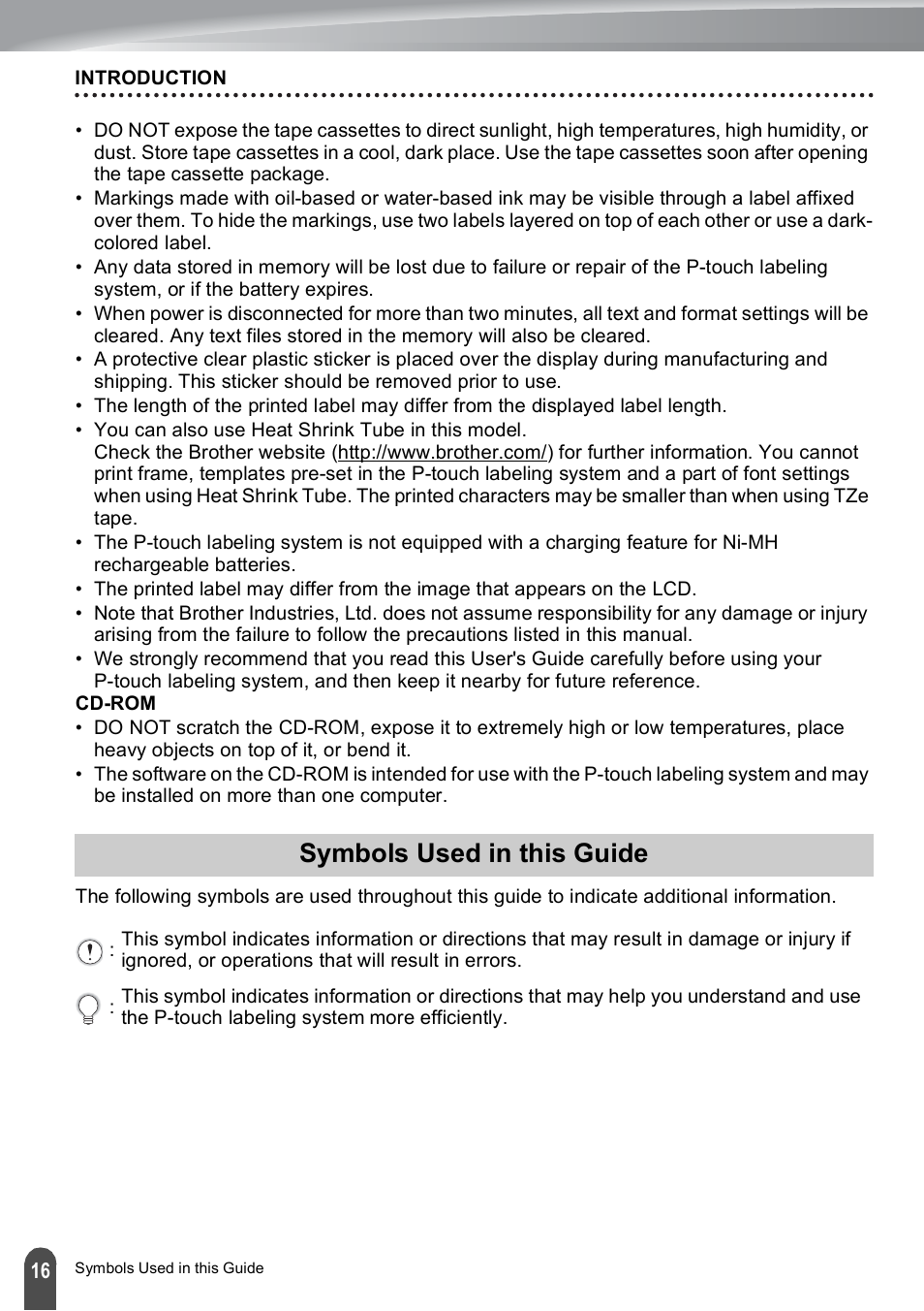 Symbols used in this guide | Brother PT-E500 User Manual | Page 16 / 47