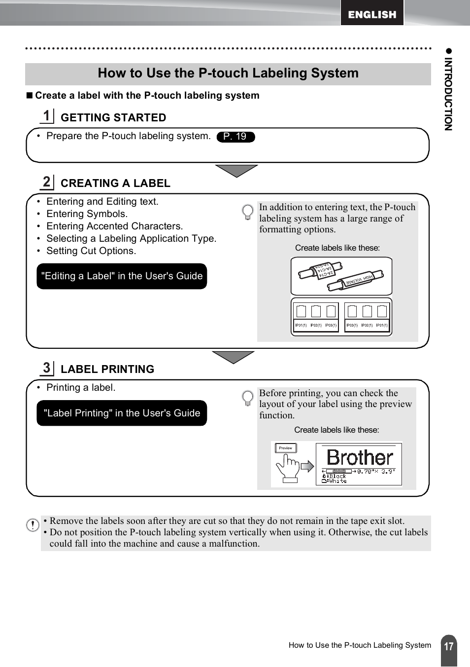 How to use the p-touch labeling system | Brother PT-E500 User Manual | Page 17 / 47