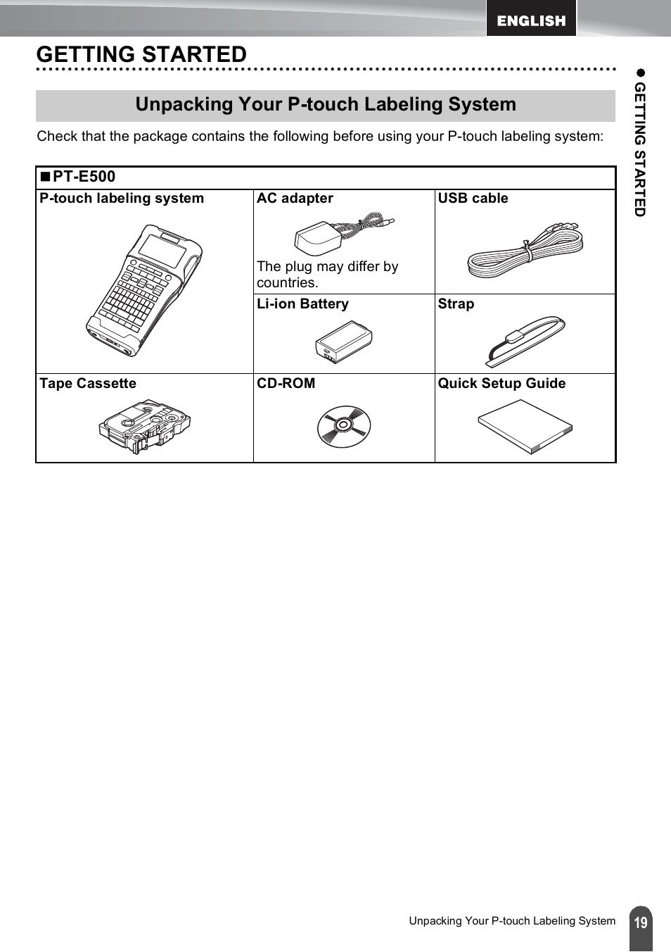 Getting started, Unpacking your p-touch labeling system | Brother PT-E500 User Manual | Page 19 / 47