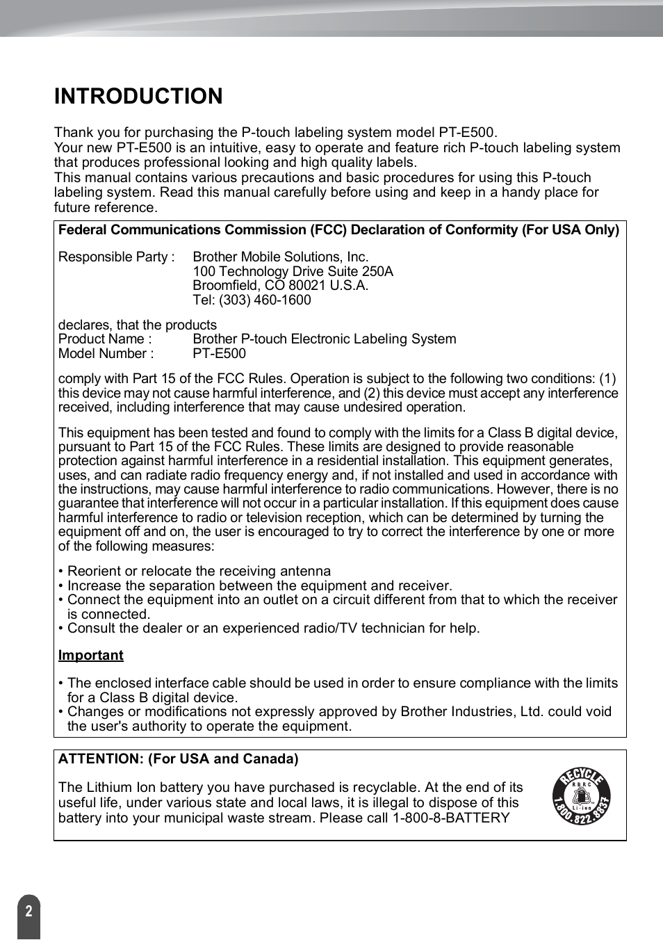 Introduction | Brother PT-E500 User Manual | Page 2 / 47