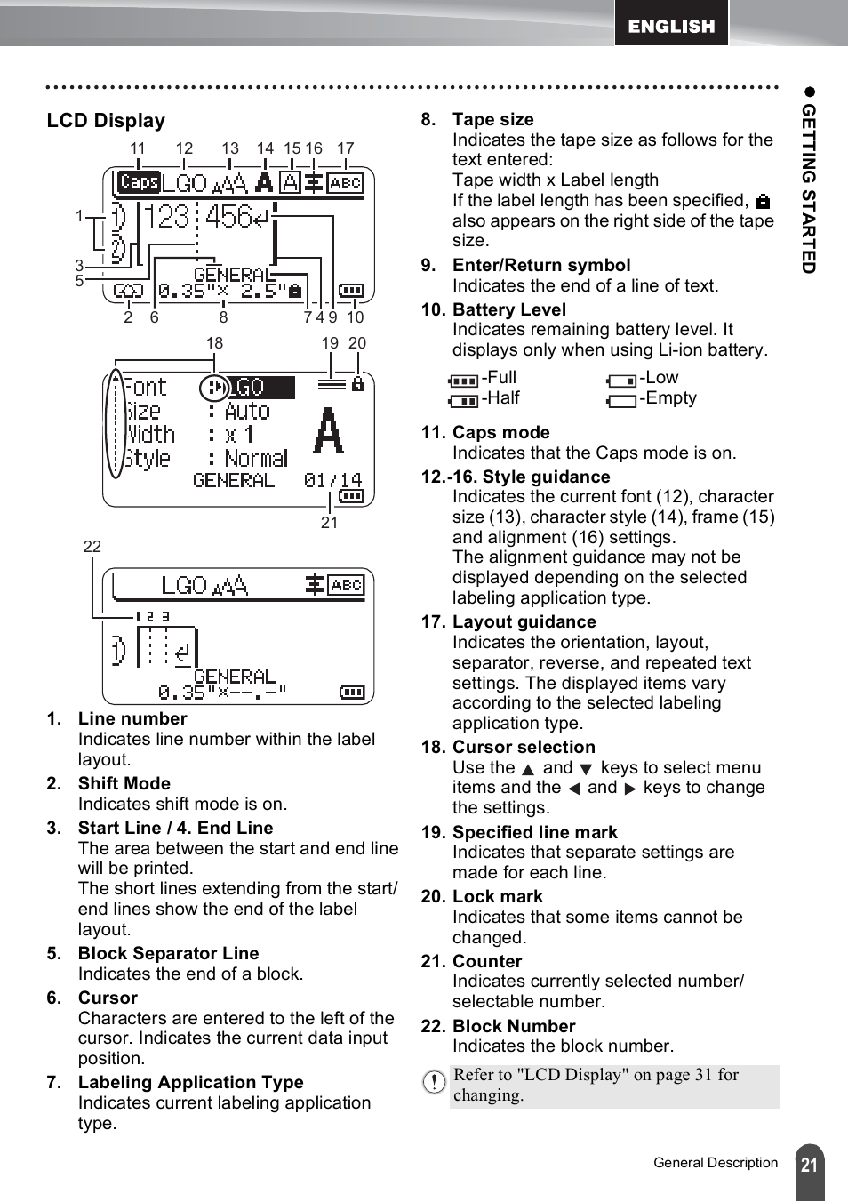 Lcd display | Brother PT-E500 User Manual | Page 21 / 47